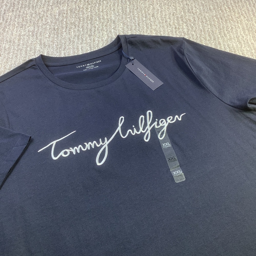 Tommy Hilfiger Womens Blue Signature Script Logo Cotton T-Shirt Size XXL NWT